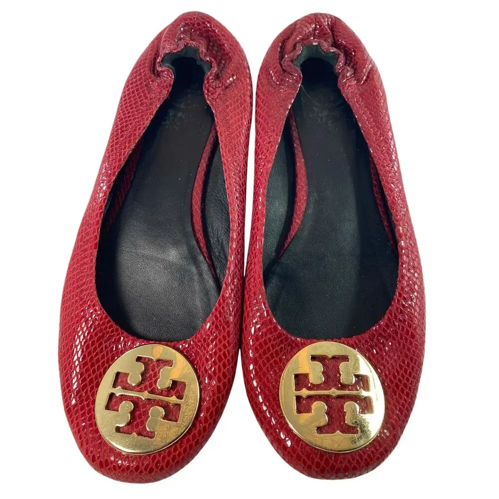 Tory Burch Red Snakeskin Reva Ballet Flats Gold Logo Medallion Elastic Size 10M